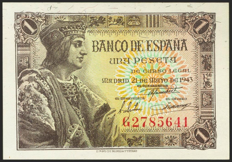 1 Peseta. 21 de Mayo de 1943. Serie G. (Edifil 2021: 447a). Apresto original. SC...