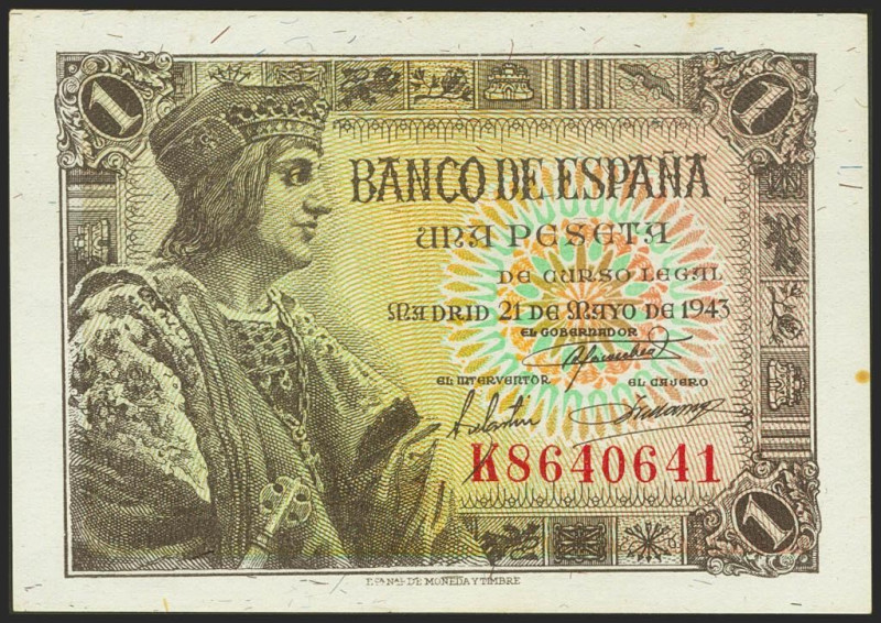 1 Peseta. 21 de Mayo de 1943. Serie K. (Edifil 2021: 447a). Apresto original. SC...