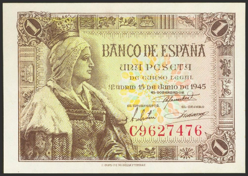 1 Peseta. 15 de Junio de 1945. Serie C. (Edifil 2021: 448a). Apresto original. S...