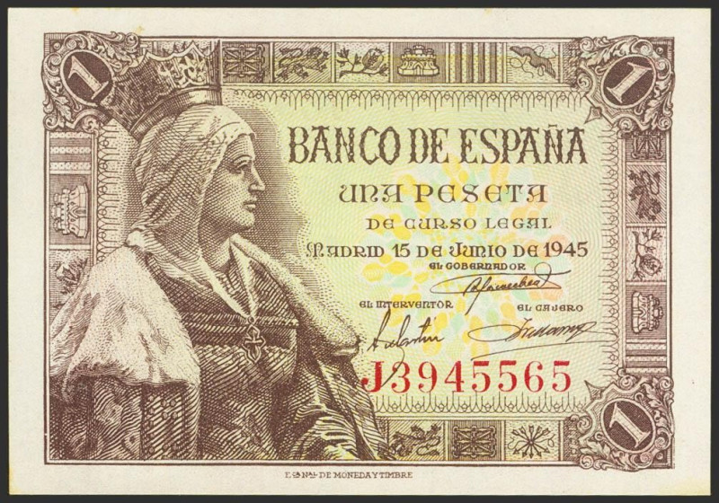 1 Peseta. 15 de Junio de 1945. Serie J. (Edifil 2021: 448a). Apresto original. S...