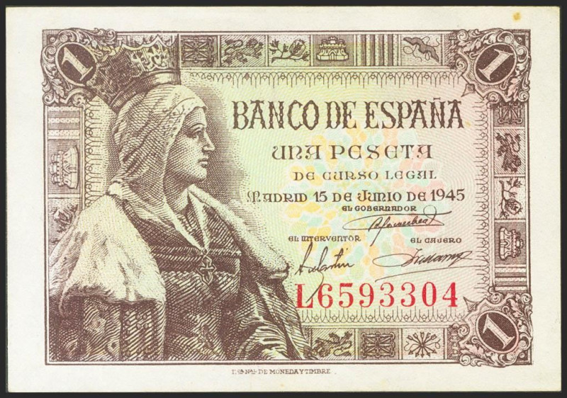 1 Peseta. 15 de Junio de 1945. Serie L. (Edifil 2021: 448a). Apresto original. S...