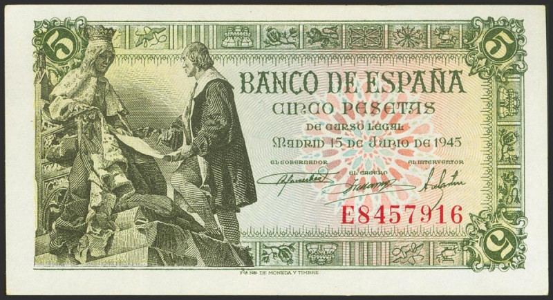 5 Pesetas. 15 de Julio de 1945. Serie E. (Edifil 2021: 449a). Apresto orignal. S...