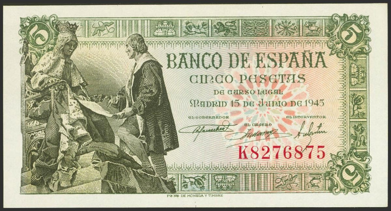 5 Pesetas. 15 de Julio de 1945. Serie K. (Edifil 2021: 449a). Apresto orignal. S...