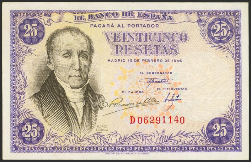 25 Pesetas. 19 de Febrero de 1946. Serie D. (Edifil 2021: 450a). Apresto origina...