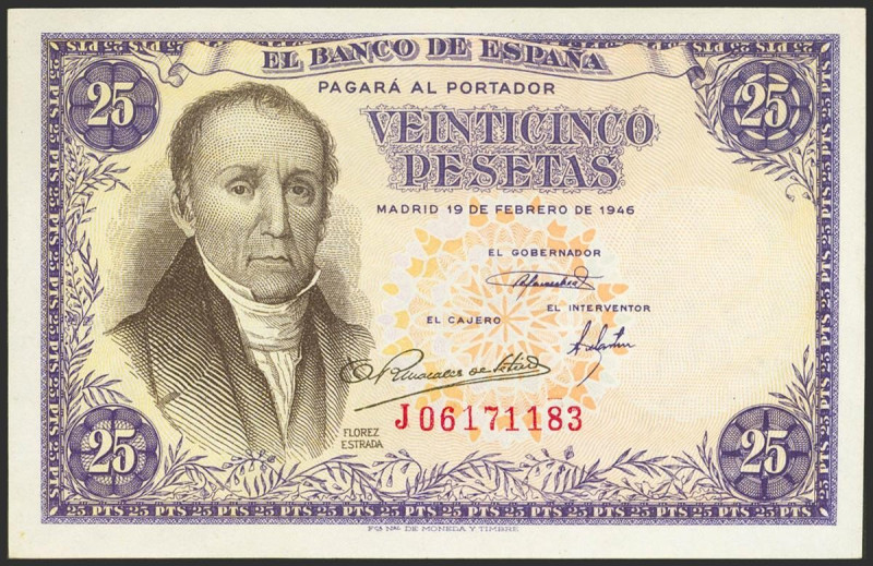 25 Pesetas. 19 de Febrero de 1946. Serie J. (Edifil 2021: 450a). Apresto origina...