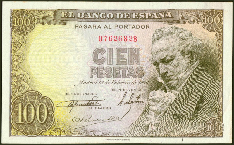 100 Pesetas. 19 de Febrero de 1946. Sin serie. (Edifil 2021: 451). Conserva gran...