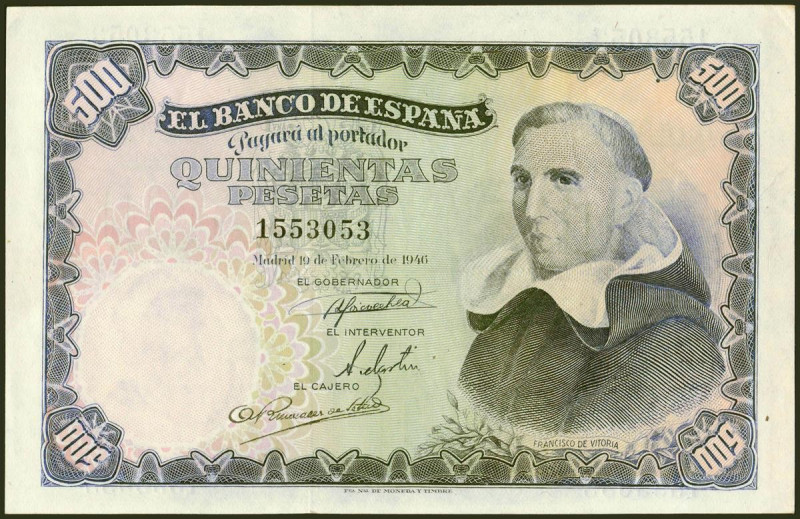 500 Pesetas. 19 de Febrero de 1946. Sin serie. (Edifil 2021: 452, Pick: 132a). M...