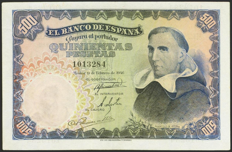 500 Pesetas. 19 de Febrero de 1946. Sin serie. (Edifil 2021: 452). Inusual, bill...