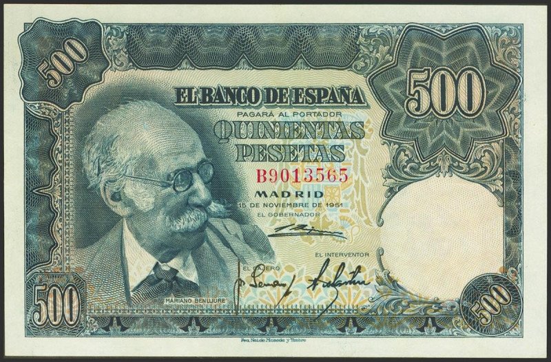 500 Pesetas. 15 de Noviembre de 1951. Serie B. (Edifil 2023: 460a). Conserva par...