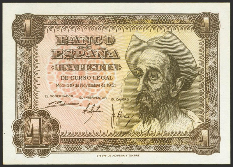 1 Peseta. 19 de Noviembre de 1951. Sin serie. (Edifil 2021: 461). Apresto origin...