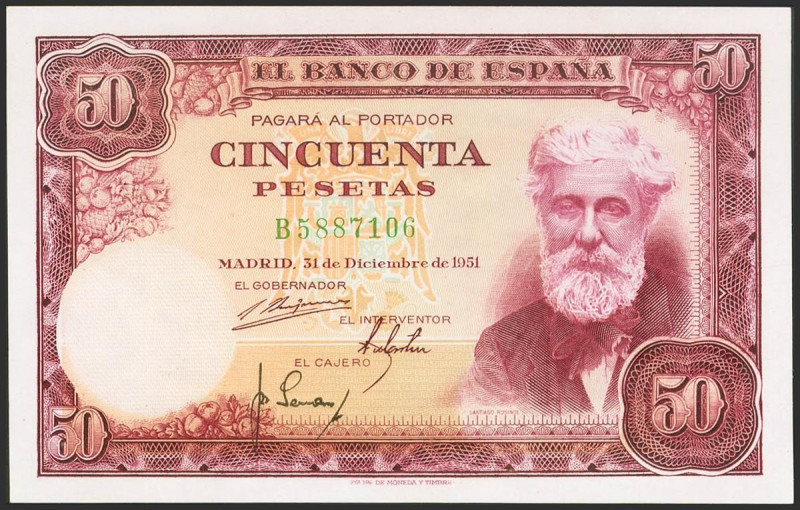 50 Pesetas. 31 de Diciembre de 1951. Serie B. (Edifil 2017: 462a). Conserva todo...