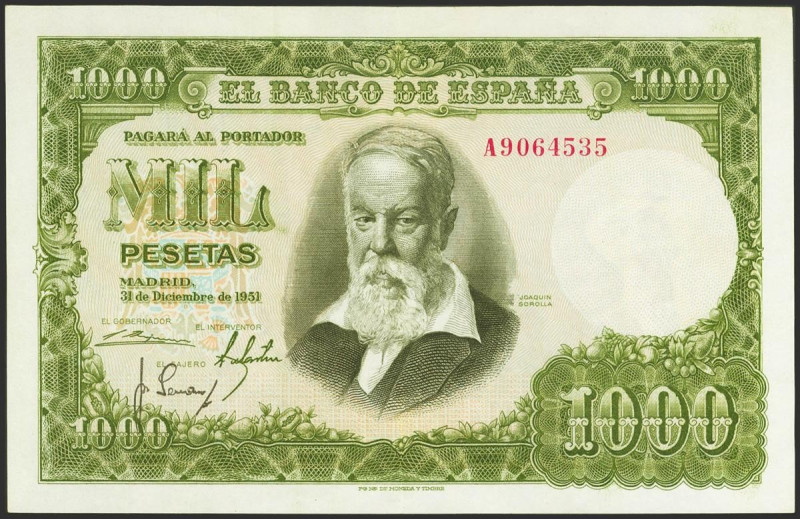 1000 Pesetas. 31 de Diciembre de 1951. Serie A. (Edifil 2021: 463a). Conserva gr...