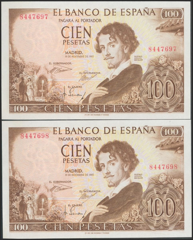 100 Pesetas. 19 de Noviembre de 1965. Pareja correlativa. Sin serie. (Edifil 201...