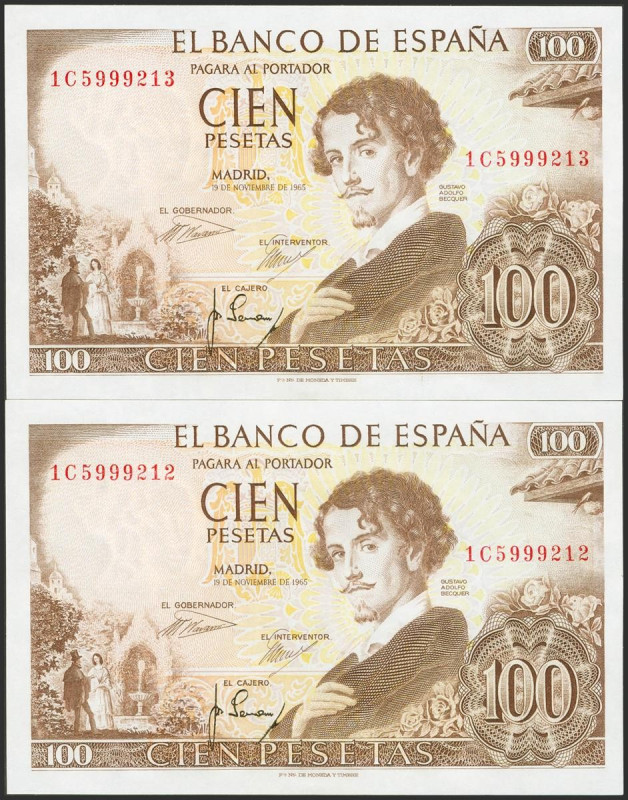 100 Pesetas. 19 de Noviembre de 1965. Pareja correlativa. Serie 1C. (Edifil 2021...