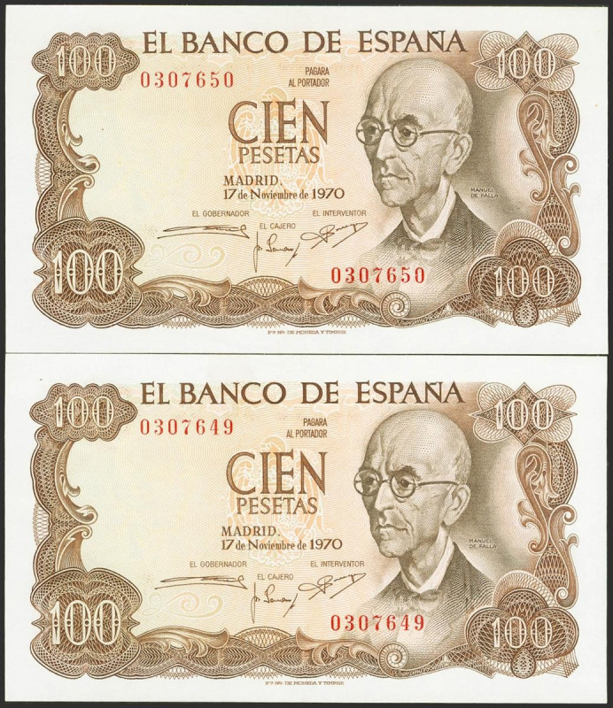 100 Pesetas. 17 de Noviembre de 1970. Pareja correlativa. Sin serie. (Edifil 202...