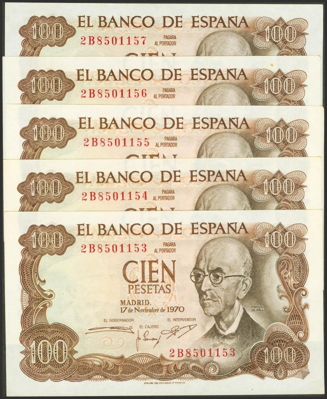 Conjunto de 5 billetes correlativos de 100 Pesetas, emitidos el 17 de Noviembre ...