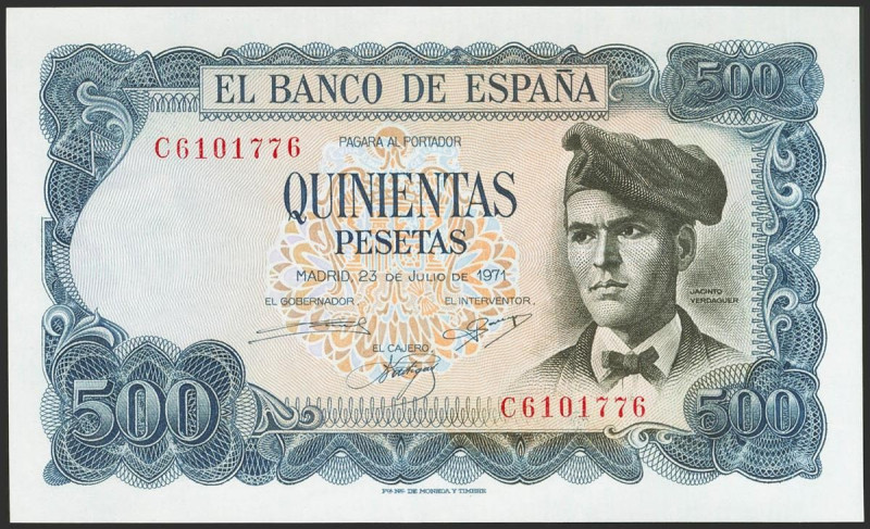 500 Pesetas. 23 de Julio de 1971. Serie C. (Edifil 2021: 473a). Apresto original...