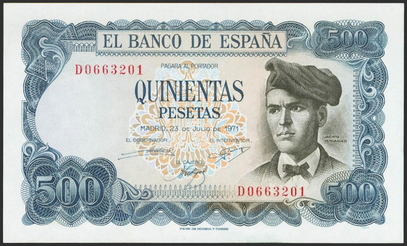 500 Pesetas. 23 de Julio de 1971. Serie D. (Edifil 2021: 473a). Apresto original...