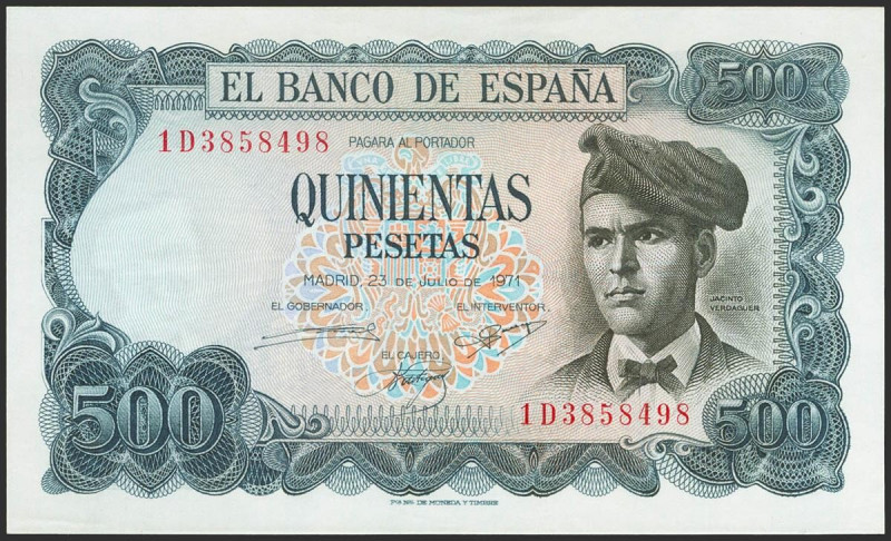 500 Pesetas. 23 de Julio de 1971. Serie 1D. (Edifil 2021: 473a). Apresto origina...