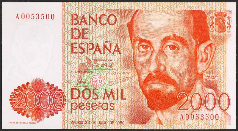 2000 Pesetas. 22 de Julio de 1980. Serie A y numeración capicúa. (Edifil 2021: 4...