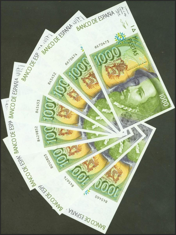 Conjunto de 8 billetes alguno de ellos correlativos de 1000 Pesetas emitidos el ...