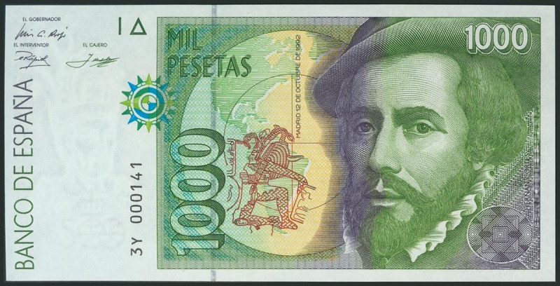 1000 Pesetas. 12 de Octubre de 1992. Tipo II. Serie 3Y y numeración baja y capic...