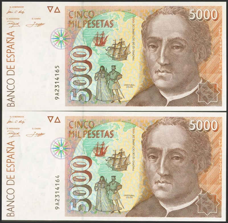 5000 Pesetas. 12 de Octubre de 1992. Pareja correlativa. Serie especial 9A. (Edi...