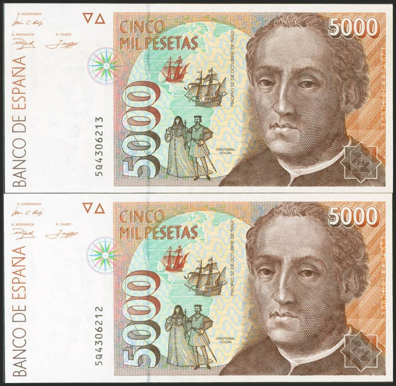 5000 Pesetas. 12 de Octubre de 1992. Pareja correlativa. Serie 5Q. (Edifil 2021:...