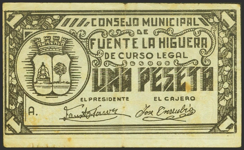 FUENTE LA HIGUERA (VALENCIA). 1 Peseta. (1937ca). Serie A. (González: 2563). MBC...