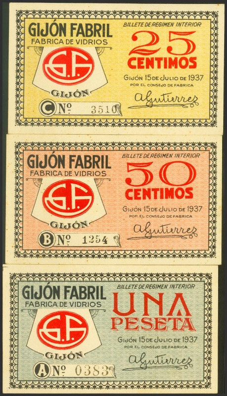 GIJON (ASTURIAS). 25 Céntimos, 50 Céntimos y 1 Peseta. 15 de Julio de 1937. Seri...