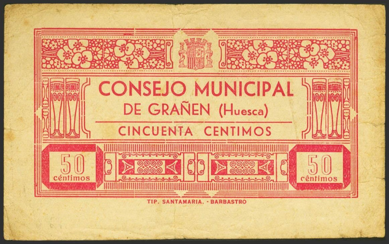 GRAÑEN (HUESCA). 50 Céntimos. (1937ca). (González: 2724). Inusual. MBC.