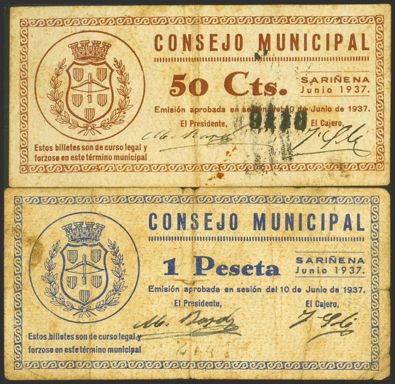 SARIÑENA (HUESCA). 50 Céntimos y 1 Peseta. 10 de Junio de 1937. (González: 4785/...