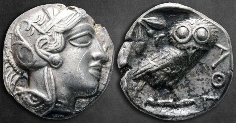 Attica. Athens circa 454-404 BC. 
Tetradrachm AR 

25 mm, 17,15 g

Helmeted...