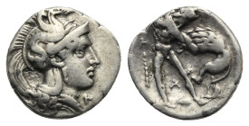 CALABRIA. Tarentum. Circa 380-325 BC. Diobol (Silver, 11.99 mm, 1.19 g). Head of Athena to right, wearing crested Attic helmet decorated with a hippoc...