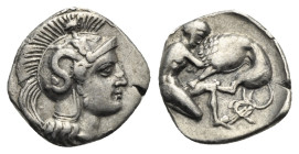 CALABRIA. Tarentum. Circa 325-280 BC. Diobol (Silver, 12.78 mm, 1.05 g). Head of Athena to right, wearing crested Attic helmet decorated with Skylla. ...