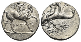 CALABRIA. Tarentum. Punic occupation, circa 212-209 BC. Half Shekel (Silver, 18.53 mm, 3.98 g). Struck under the magistrates EK…, Zo… and Kritos. Nude...