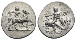 CALABRIA. Tarentum. Punic occupation, circa 212-209 BC. Half Shekel (Silver, 19.74 mm, 3.95 g). Struck under the magistrate Sokannas. Warrior on horse...