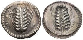 LUCANIA. Metapontum. Circa 540-510 BC. Stater (Silver, 30.27 mm, 7.63 g). Ear of barley; MET down left field. Rev. Incuse ear of barley; MET down righ...