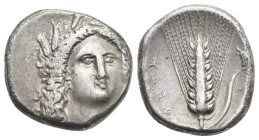 LUCANIA. Metapontum. Circa 330-290 BC. Nomos (Silver, 20.03 mm, 7.75 g). Head of Demeter facing slightly to the right, wearing wreath of grain ears, t...