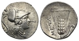 LUCANIA. Metapontum. Punic occupation, circa 215-207 BC. Half Shekel (Silver, 18.6 mm, 3.82 g). Helmeted head of Athena right, wearing crested Corinth...