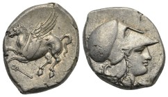 BRUTTIUM. Hipponium. Stater (Silver, 18 mm, 8.59 g), ca. 300-250 BC.
Pegasus flying left, caduceus below. Rev. Helmeted head of Athena facing right. ...