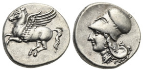 BRUTTIUM. Medma. Circa 330-320 BC. Stater (Silver, 20.58 mm, 8.79 g). Pegasos flying to left. Rev. Head of Athena to left with pearl necklace, wearing...