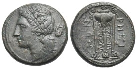 BRUTTIUM. Rhegion. Circa 260-215 BC. (Bronze, 22.50 mm, 7.83 g). Laureate head of Apollo to left; to right, lyre. Rev. PHΓI - NΩN Tripod with three ri...