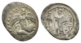 SICILY. Kamarina. Circa 461-440/35 BC. Litra (Silver, 15.47 mm, 0.77 g). Nike flying to left; below, swan standing left with closed wings; all within ...