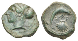 SICILY. Syracuse. Circa 410-405 BC. Hemilitron (Bronze, 17.32 mm, 3.10 g). Female head (Arethusa) to left, hair bound with ampyx and tied in sphendone...