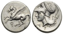 CORINTHIA. Corinth. 345-307 BC. Stater (Silver, 20 mm, 8.53 g). Pegasus flying left; below, koppa. R/ Head of Athena left, wearing Corinthian helmet w...