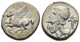 CORINTHIA. Corinth. Circa 345-307 BC. Stater (Silver, 21.00 mm, 8.49 g). Pegasos flying to left, below, Ϙ. Rev. Head of Athena to left, wearing Corint...