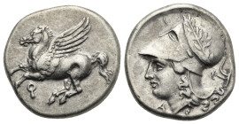 CORINTHIA. Corinth. Circa 345-307 BC. Stater (Silver, 21.01 mm, 8.63 g). Pegasos flying to left, below, Ϙ. Rev. Head of Athena to left, wearing Corint...