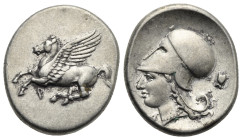 CORINTHIA. Corinth. Circa 345-307 BC. Stater (Silver, 20.69 mm, 8.55 g). Pegasos flying to left, below, Ϙ. Rev. Head of Athena to left with pearl neck...