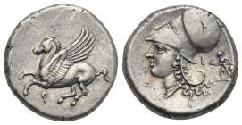 CORINTHIA. Corinth. Circa 345-307 BC. Stater (Silver, 20.39 mm, 8.54 g). Pegasos flying to left, below, Ϙ. Rev. Head of Athena to left, wearing Corint...